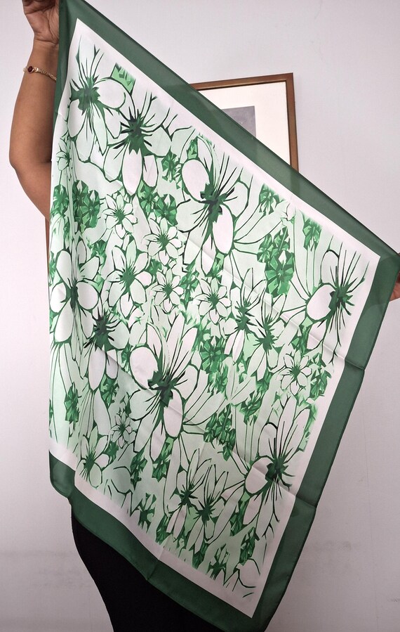 Floral Silk Scarf, Green Flower Sketch Design, Women display picture 3