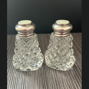 BIRKS Sterling Silver and Cut Crystal Salt & Pepper Shakers | Mother of Pearl Inlay Tops | Birks Salt and Pepper Shakers | Sterling Lids
