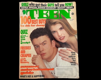 May include: A vintage magazine cover featuring a young man and woman. The magazine title is "TEEN" in green and white. Text includes "100 Best Buys," "Quiz," and "Freebies and Cheapies." The cover is from July 1992.