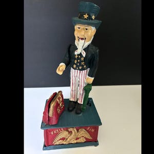 Vintage Cast Iron Uncle Sam Mechanical Bank | Vintage Coin Bank 1960s Reproduction | Patriotic Americana Decor | Antique Toy Replica