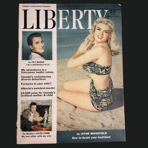 May include: Vintage August 1962 issue of Liberty magazine featuring a cover photo of Jayne Mansfield in a patterned bikini. The magazine cover includes text and images of articles.
