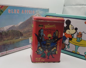 Assorted Vintage Tins 1990s Whitman’s Batman Tin Walt Disney Micky and Minnie Tin Martins Bakery Short Bread Fingers Vintage Collectibles