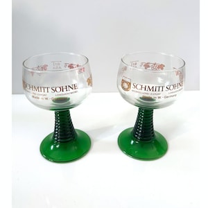 Vintage Schmitt Söhne Römer Wine Glasses | Green Stem German Wine Goblets | Made in W. Germany | Mosel Riesling Glass Pair