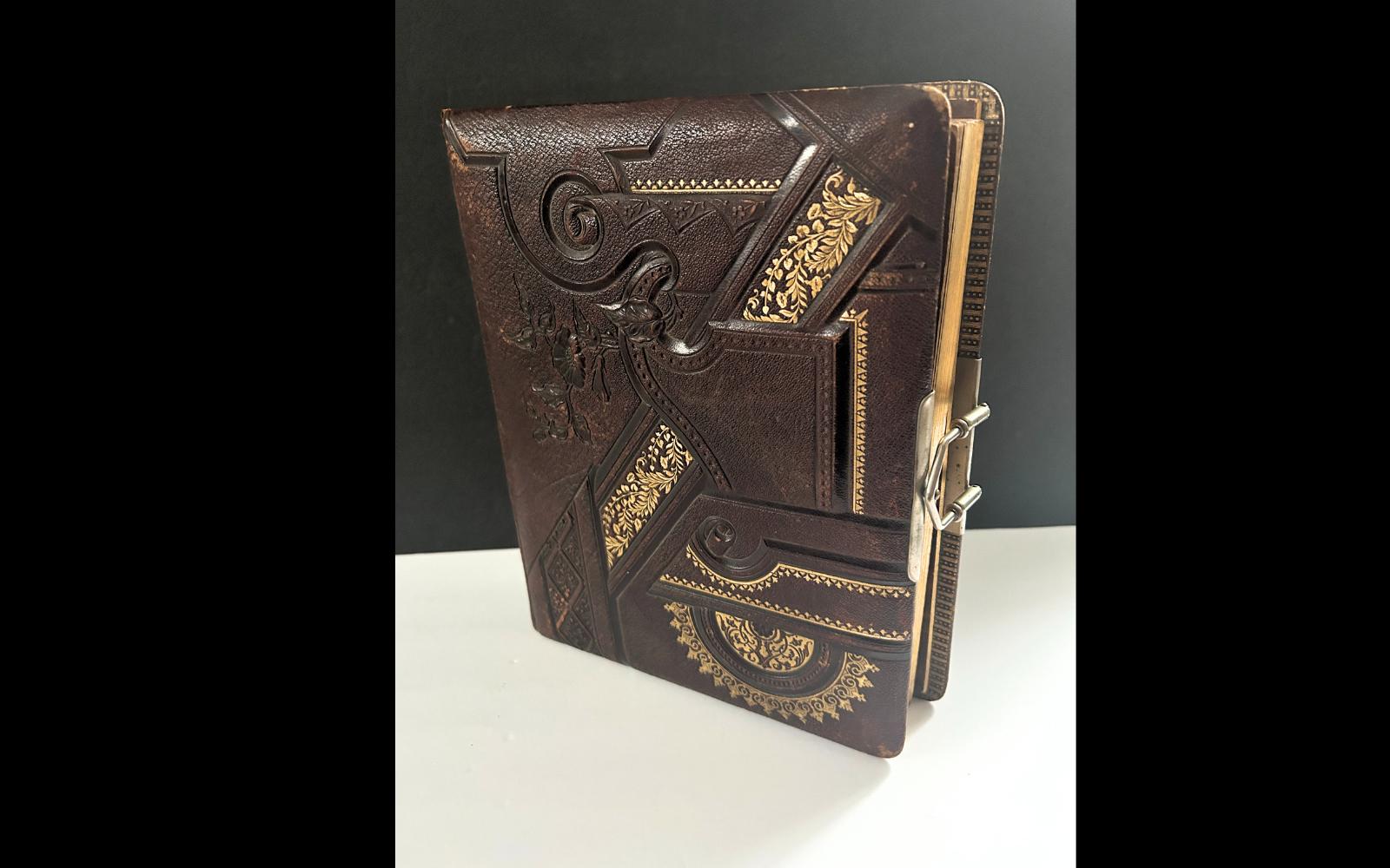 Victorian-Era Leather Photo Album | Late 1800s Cabinet Card Collection | 17 Cabinet Cards | Gilded Decor with Metal Clasp | 18 Pages