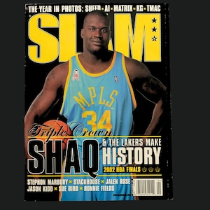 May include: Cover of SLAM magazine featuring Shaquille O'Neal in a light blue jersey with "MPLS 34". The magazine cover has yellow and black text, including "Triple Crown" and "SHAQ & THE LAKERS MAKE HISTORY 2002 NBA FINALS".