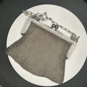 Edwardian-Era GERMAN SILVER Mesh Purse | Early 1900s Purse | Engraved Frame | Soldered Mesh Purse | Antique Mesh Purse | Metal Mesh
