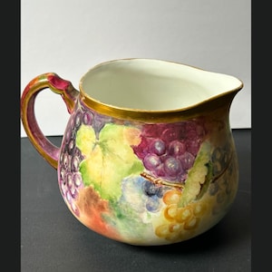 Antique LIMOGES FRANCE Pitcher | Hand Painted Grapes Porcelain Jug | Gold Trim Vase | Klingenberg Dwenger | French Decor | 6.75&quot;