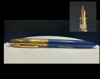 Vintage TUCKERSHARPE Fountain Pen | Wing-Flow Nib | Clear Ink View | USA Lever Fill Pen | 1950s Blue Gold Mid Century Writer