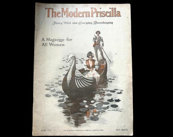 1912 MODERN PRISCILLA-tijdschrift | Uitgave juni 1912 | Omslagkunst: Bessie Sweet | Fancy werk en dagelijks huishouden | Edwardiaanse mode |