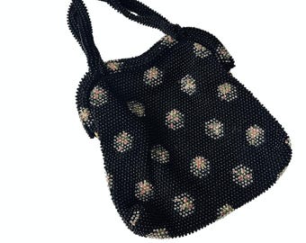 1940s Cordé-Bead Purse | Vintage Black Beaded Handbag with Floral Motifs | Black Floral Purse | Embroidered and Beaded Purse