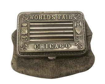 1893 CHICAGO WORLD'S FAIR Coin Purse - Vintage Leather & Metal with Coin Rollers - Rare Collectible  - Antique Souvenir Columbus Exposition