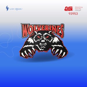 May include: Red and black embroidered patch with the word "WOLVERINES" in a red outline and a black and white wolf with red eyes in the center.