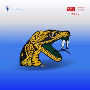 May include: A yellow and black embroidered patch of a snake's head with green fangs and a green tongue. The patch has a trademark symbol and the text "ASI Advertising Specialty Institute 93953".