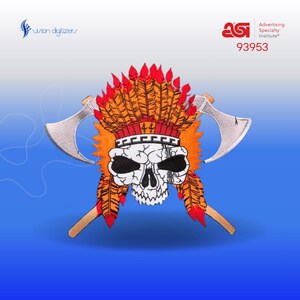 May include: A red, orange, and white embroidered patch with a skull wearing a headdress with feathers and crossed tomahawks. The patch has the text "ASI Advertising Specialty Institute" and the number "93953".