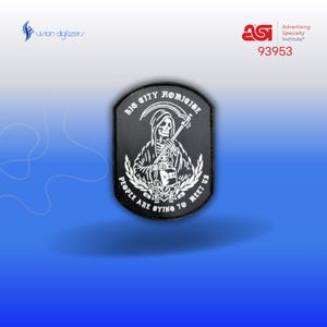 May include: Black and white embroidered patch with a skeleton holding a scythe and a bottle. The text reads "BIG CITY HOMICIDE" and "PEOPLE ARE BYING TO MEET US".