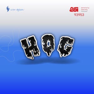May include: Black iron-on patch with the word "HOG" in dripping, stylized letters. The patch is on a blue background with a white outline.