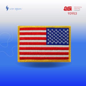 May include: A yellow-bordered embroidered patch of the American flag. The flag is red, white, and blue with 13 horizontal stripes and 50 white stars on a blue field. The patch is labeled "ASI 93953" and "Advertising Specialty Institute".