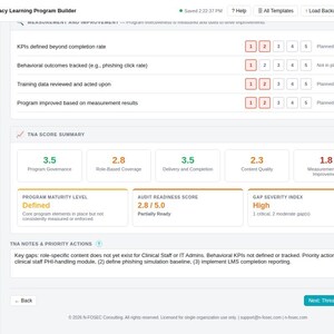 K&ouml;nnte beinhalten: Ein digitales Dashboard mit dem Titel Cybersecurity & Privacy Learning Program Builder, das eine Schulungsbedarfsanalyse anzeigt. Es enth&auml;lt eine Liste von Metriken mit numerischen Bewertungen, einen TNA Score Summary-Bereich und ein Textfeld f&uuml;r TNA Notes & Priority Actions.