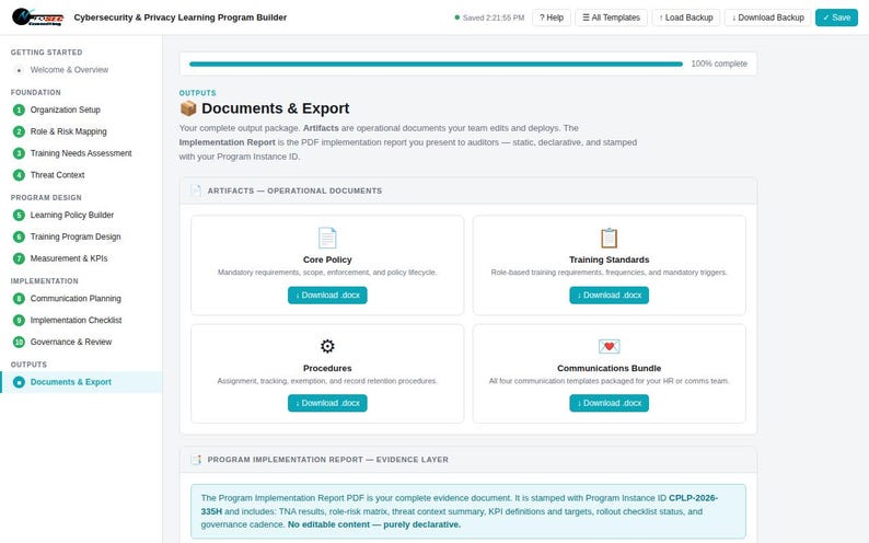 K&ouml;nnte beinhalten: Eine digitale Benutzeroberfl&auml;che f&uuml;r einen Cybersecurity & Privacy Learning Program Builder mit einem Documents & Export Dashboard. Sie enth&auml;lt vier Download-Schaltfl&auml;chen f&uuml;r Core Policy, Training Standards, Procedures und Communications Bundle.