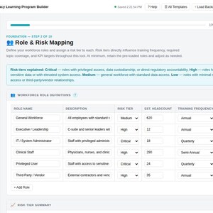 K&ouml;nnte beinhalten: Eine digitale Benutzeroberfl&auml;che f&uuml;r einen Cybersecurity & Privacy Learning Program Builder mit einer Role & Risk Mapping Tabelle. Die Tabelle listet Mitarbeiterrollen, Beschreibungen, Risikostufen, gesch&auml;tzte Mitarbeiterzahlen und Schulungsh&auml;ufigkeiten auf.