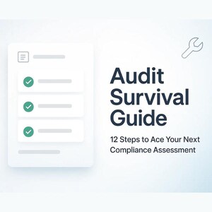Puede incluir: Un gráfico blanco con el título "Audit Survival Guide" en azul oscuro, con el subtítulo "12 pasos para aprobar su próxima evaluación de cumplimiento". Una lista de verificación con marcas de verificación verdes está a la izquierda y una llave inglesa en la parte superior derecha.