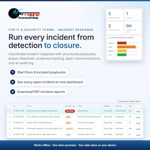 以下が含まれることがあります： ITおよびセキュリティチーム向けのInfosec Consultingソフトウェアインターフェース。ダッシュボードには、インシデント対応メトリクス、プレイブック、および重大度レベル、タイトル、所有者、ステータスを含むオープンインシデントの表が表示されています。