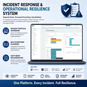May include: A laptop displaying an Incident Response & Operational Resilience System dashboard with charts and data. The graphic includes text detailing features like an incident portfolio dashboard, response playbooks, and audit-ready documentation.