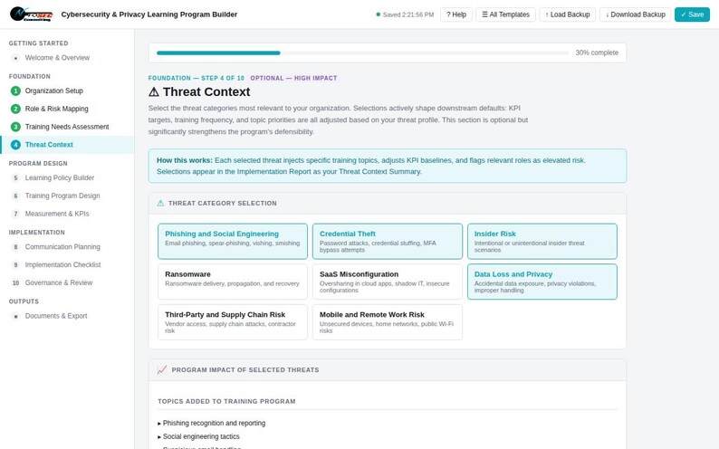 K&ouml;nnte beinhalten: Eine digitale Benutzeroberfl&auml;che f&uuml;r einen Cybersecurity & Privacy Learning Program Builder, die den Schritt Threat Context zeigt. Der Bildschirm enth&auml;lt eine Fortschrittsanzeige, eine Liste von Bedrohungskategorien wie Phishing, Identit&auml;tsdiebstahl und Ransomware.