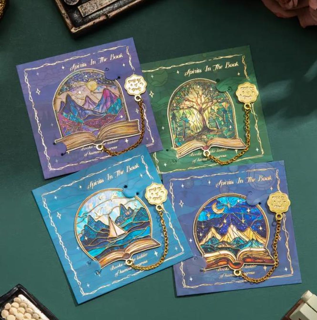 Stained Glass Fantasy Bookmark: Spirits in the Book With Gold Charm - Etsy