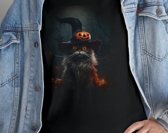 May include: A black cat wearing a witch's hat with a jack-o'-lantern on top. The cat is looking directly at the viewer with a mischievous expression. The background is a dark forest with a full moon.