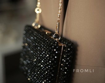 Bolso de mano negro con cuentas, bolso de noche de cristal con cadena dorada