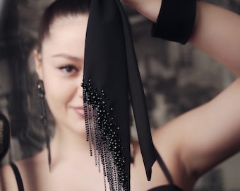Gothic Bridal Tie, Black Beaded Fringe Neckwear for Alt Brides