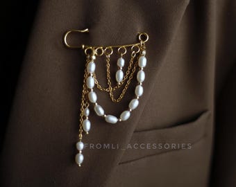 Elegante broche de seguridad con cadena de perlas / Pin dorado para chaqueta / Accesorio minimalista para solapa / Regalo de moda para ella, dama de honor, graduada 2025