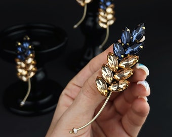 Crystal Wheat Spikelet Brooch: Handmade Embroidered Floral Jewelry