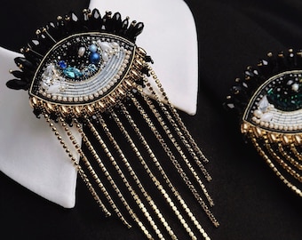 Evil Eye Brooch: Handmade Beaded Pin with Rhinestone Chain