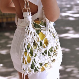 Lemon Market Bag, Macrame Net Shopper with Drawstring Pouch