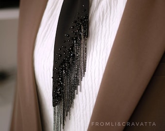 Lesbian Wedding Tie, Black Beaded Fringe Necktie for Queer Brides