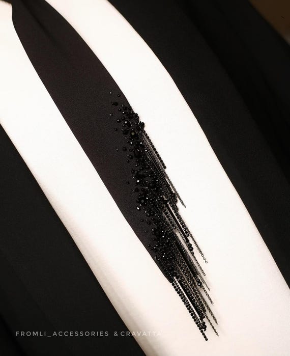 Black Beaded Fringe Necktie: Handmade Gothic Statement Tie