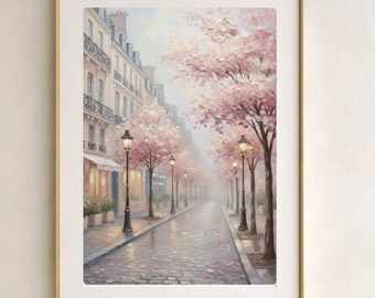 Paris Spring Street Wall Art | Cherry Blossom Parisian Cityscape Print | Soft Romantic European Art