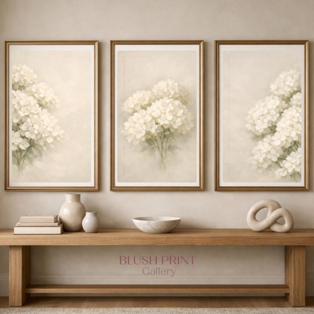 Neutral Hydrangea Triptych Wall Art Set of 3, Beige Floral Prints ...