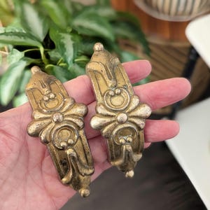 May include: Two antique brass-toned decorative furniture appliques. Each applique has a symmetrical design with a central circular element, a bow-like feature, and ornate detailing. The appliques are held in a hand against a blurred green background.