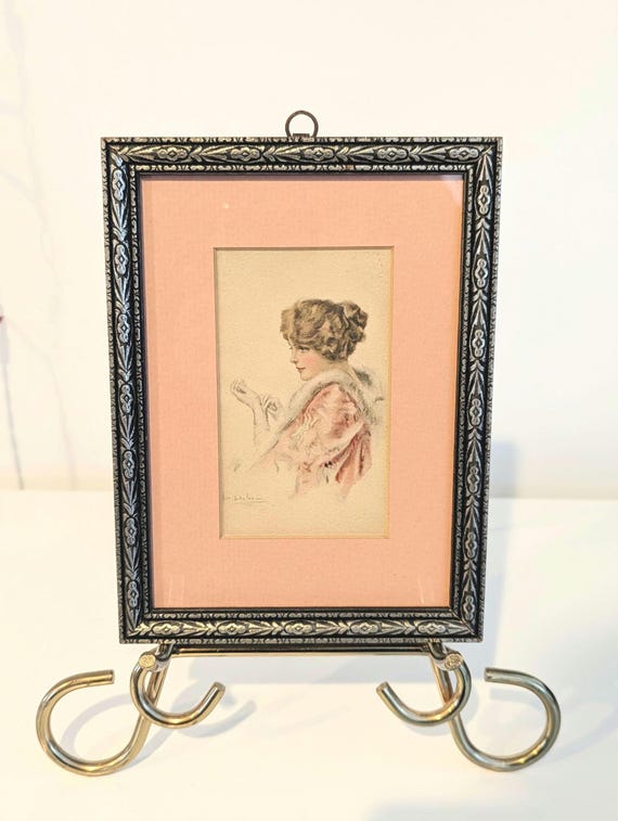 MCM Vintage Ornate Silver Framed Gibson Girl Wall Art, Pink Matting 8x6/Early 1900s/Art Deco/Antique/Gallery Wall