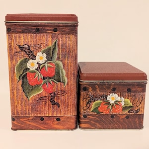 Set of 2 Vintage Strawberry Print Confectionary Tins by JL Clark, Faux Wood/Storage Tin/1970s 1980s/Canisters/Stackable