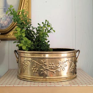 May include: A brass planter with floral and vine detailing, holding green foliage. The oval-shaped planter has two small handles and sits on a patterned surface. The planter is approximately 10 inches long.