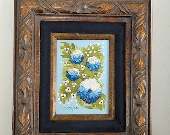 MCM Vintage Framed Oil Painting, Blue White Green Floral, Ornately Carved Wood Frame with Black Velvet Border, 1960s 1970s Vintage Art