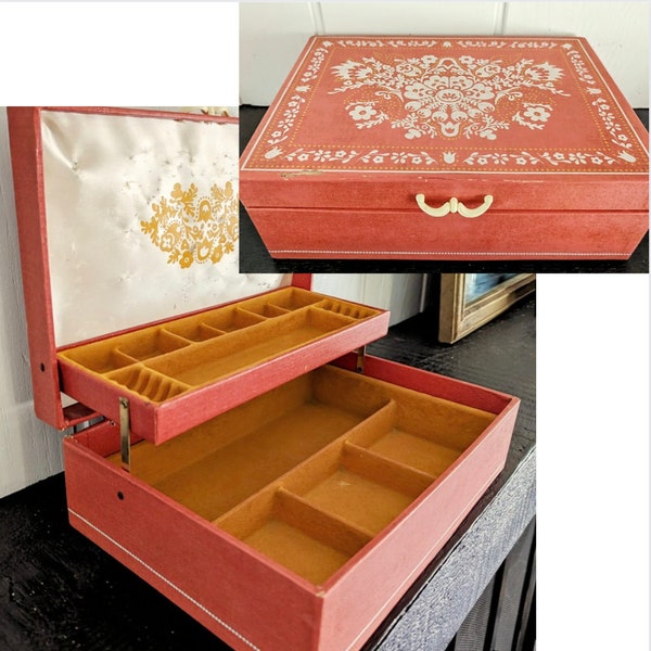 Vintage Jewelry Box, Unique Coral Orange Floral, Mele Style