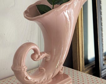 1940s 1950s Vintage Pink Ceramic Horn of Plenty Vase, Cornucopia