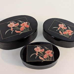 Set of 3 Vintage Black Lacquerware Nesting Jewelry Boxes, Pink Iris Chinoiserie Design, Otagiri Japan, Trinket Boxes/Stacking Boxes/Gift