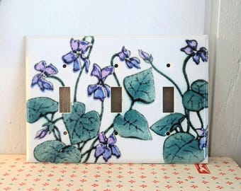 Vintage Triple Toggle Painted Cast Metal Light Switch Cover Plate, Purple Florals and Green Leaves, Iris/1990s Aesthetic
