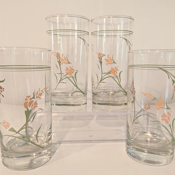 4 Vintage Corelle Peach Garland Drinking Glasses/Tumblers/Pastel Peach and Green/Cottage/Summer/Iced Tea Glasses